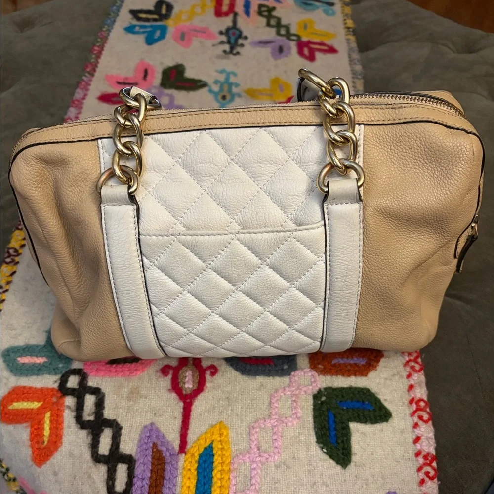 Calvin Klein White and Tan leather Quilted Shoulder Bag